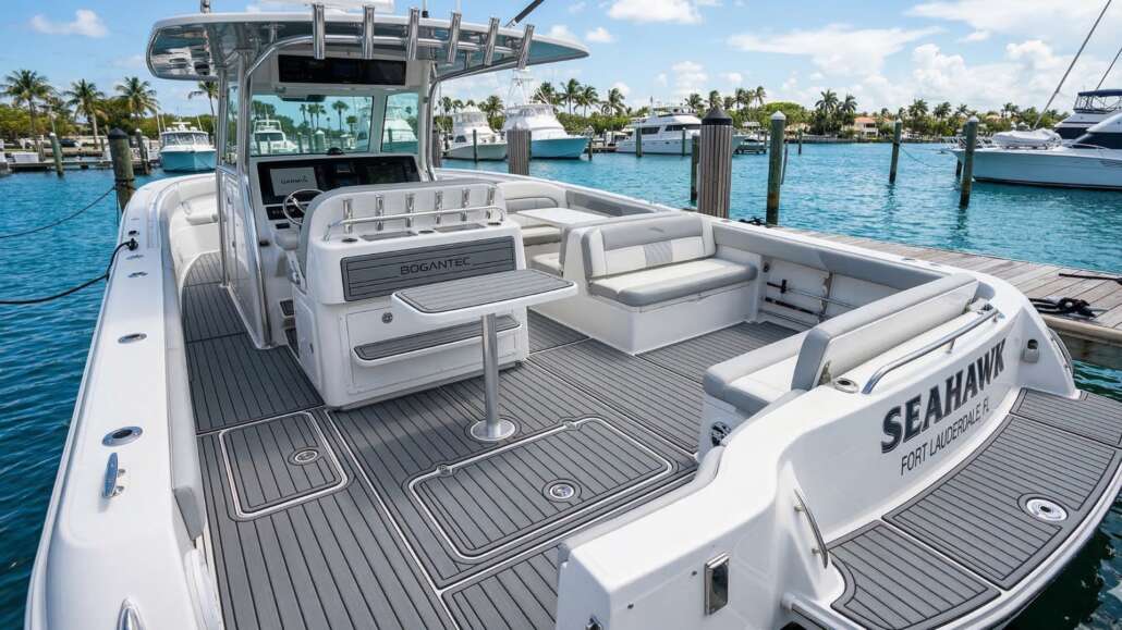Custom Bogantec EVA foam marine flooring installation on a boat in Fort Lauderdale, Florida. An example of how technology optimizes marine products.
