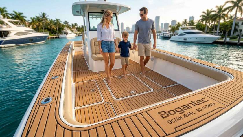 Custom EVA foam marine decking installation on a center console boat with Bogantec logo in Miami.