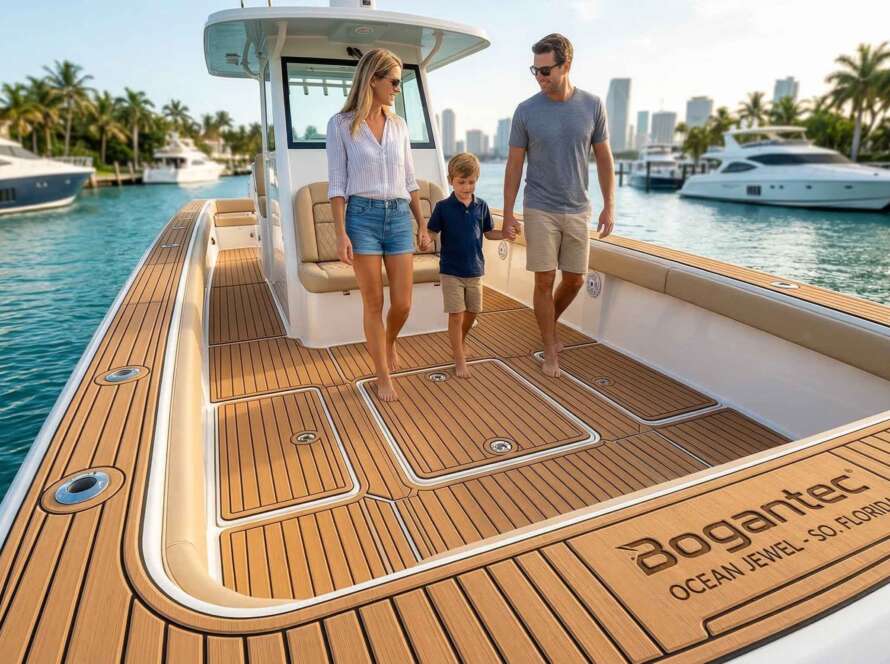 Custom EVA foam marine decking installation on a center console boat with Bogantec logo in Miami.