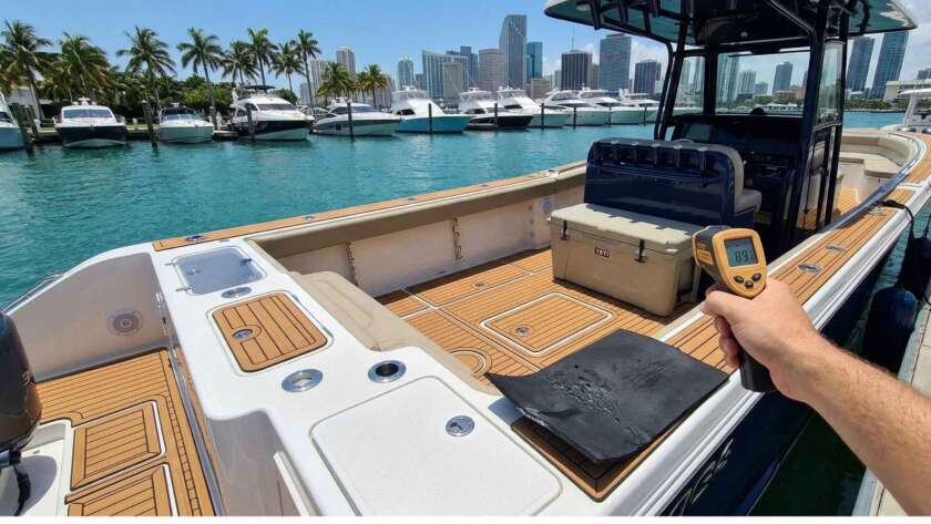 Temperature demonstration on a boat deck in a sunny Miami marina with skyscrapers in the background. A hand uses a digital laser thermometer to measure the Bogantec faux teak foam decking surface,