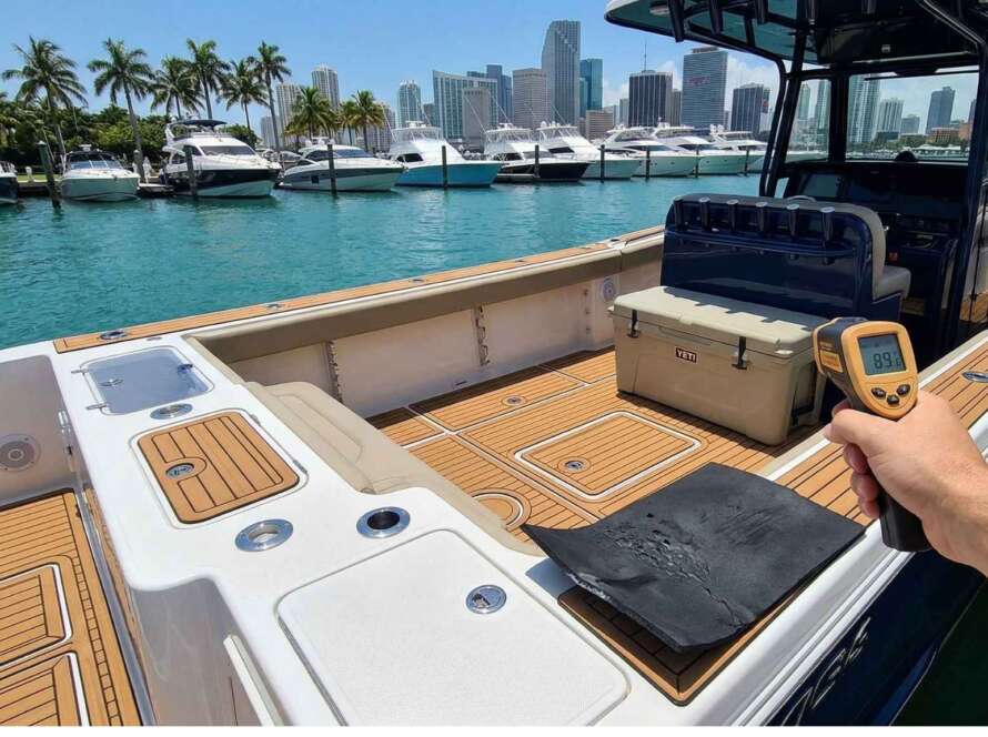 Temperature demonstration on a boat deck in a sunny Miami marina with skyscrapers in the background. A hand uses a digital laser thermometer to measure the Bogantec faux teak foam decking surface,