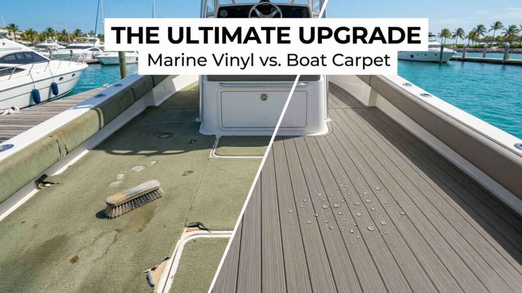 A vertical diptych showing a comparison between the manual cleaning of a dirty marine carpet (left) and a modern vinyl flooring (right). On the left, a close-up of a gloved hand scrubbing a soapy stain on a worn-out green marine carpet with a scrub brush. On the right, a hand with a wedding band wiping a gray, teak-patterned Bogantec Marine vinyl boat floor with a blue microfiber towel, showing water beading and a sunny dock in the background. The Bogantec Marine logo is visible on both panels.