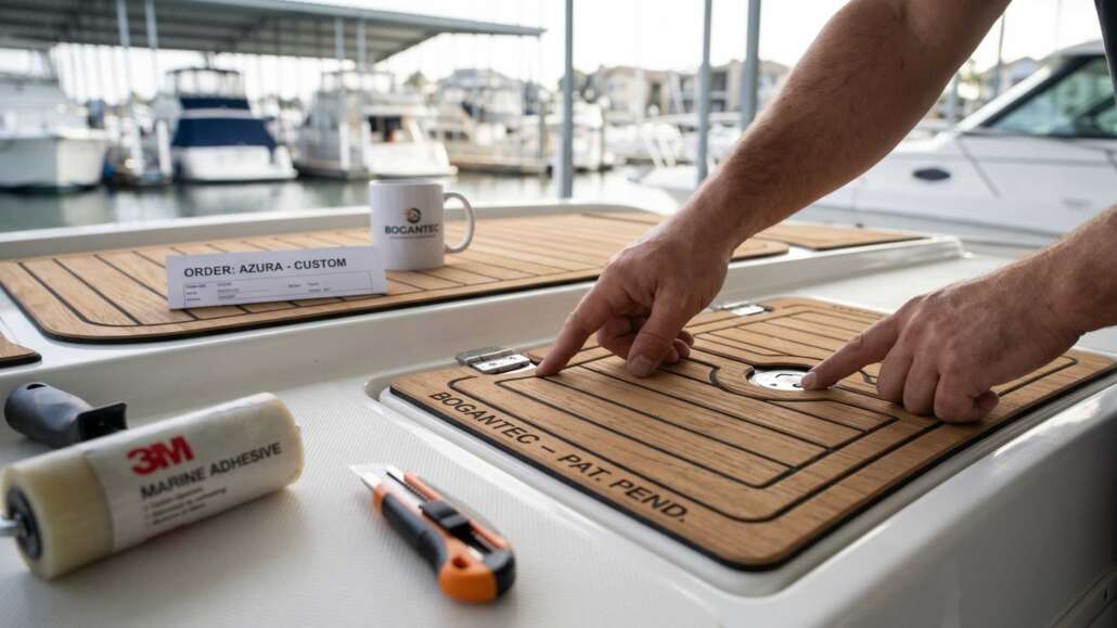 A person's hands checking the precise alignment of Bogantec EcoTeak foam on a boat hatch lid. A custom order sheet for the boat 'Azura', a Bogantec mug, marine adhesive, and a utility knife rest on the durable marine flooring.