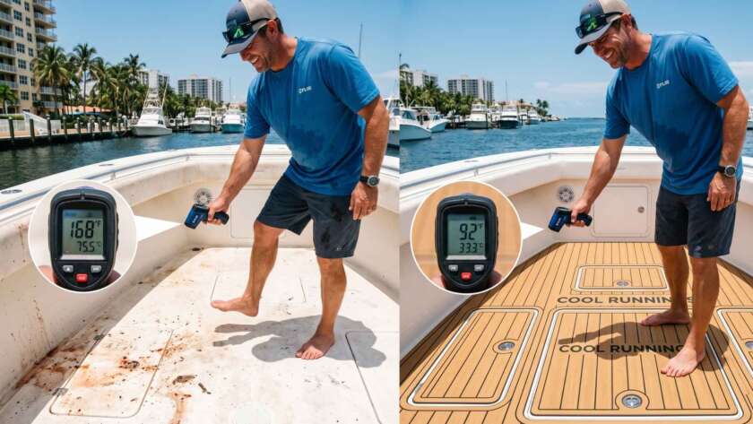 A boater testing deck temperatures. For those wondering where to buy durable marine flooring materials online, the right side shows Bogantec's custom EcoTeak foam staying cool and clean under the sun compared to standard fiberglass.
