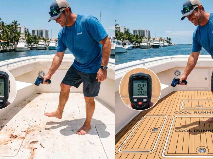 A boater testing deck temperatures. For those wondering where to buy durable marine flooring materials online, the right side shows Bogantec's custom EcoTeak foam staying cool and clean under the sun compared to standard fiberglass.