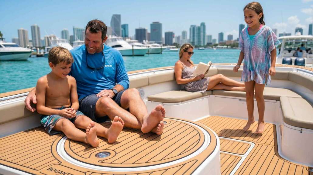 Kids jumping safely on cool-to-touch durable marine flooring materials. Bogantec provides the best deck for boats featuring custom CAD-designed marine decking.